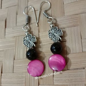 black agate pink shell gemstone handmade oxidised earrings