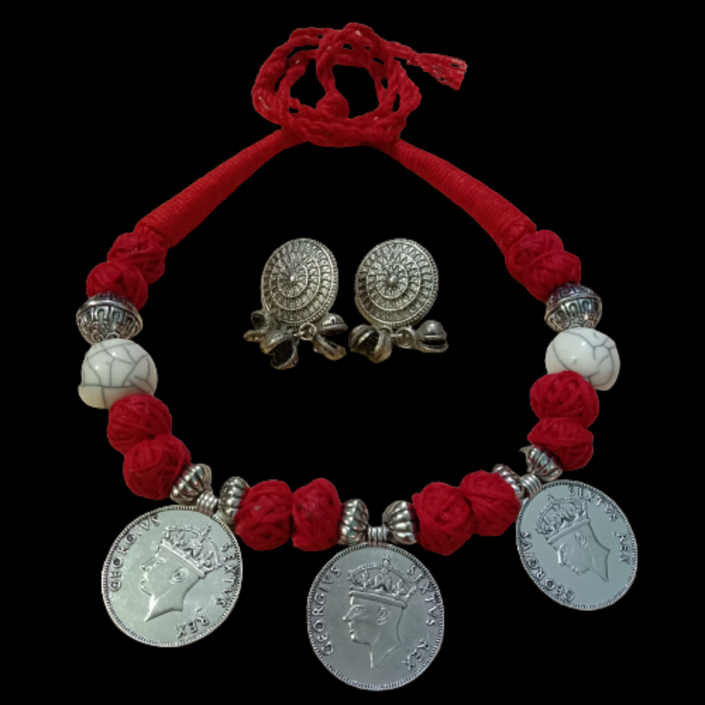 Oxidised Silver Coin Red Thread Tassel Rustic Tribal Necklace Set -  Shreejitas Collections