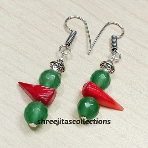 red n green gemstone beaded handmade earrings