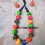 multicoloured fabric ball handmade necklace set