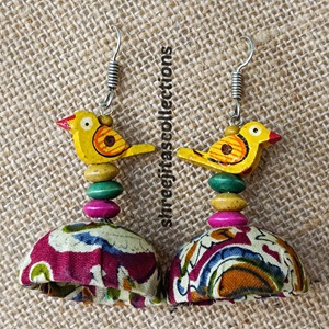 kalamkari fabric jhumka with wooden birds handmade earrings