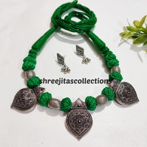 Silver Oxidised Deep Green Thread Daily Wear Handmade Necklace Set
