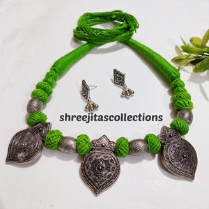 Silver Oxidised Light Green Thread Daily Wear Handmade Necklace Set