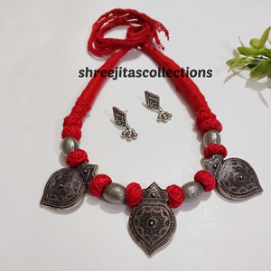 Silver Oxidised Red Thread Handmade Necklace Set