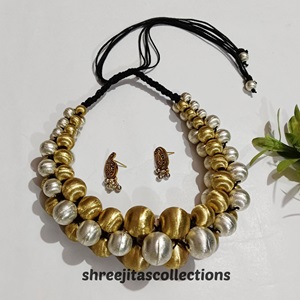 Golden N Silver Beads Handmade Macrame Cluster Choker Necklace Set