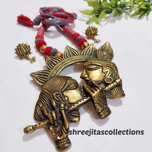 radha krishna golden oxidised handmade necklace set