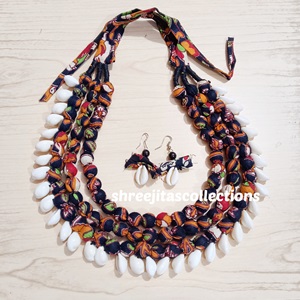 multicoloured three layered handloom handmade fabric necklace set