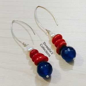 Blue Agate Red Coral Gemstone Handmade Pearl Earrings