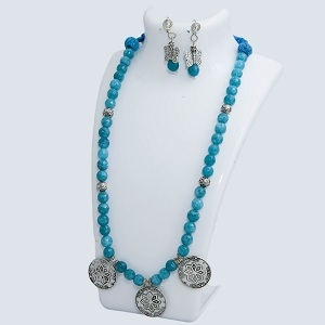 Sky Blue Onyx Coin Pendant Handmade Gemstone Necklace Set