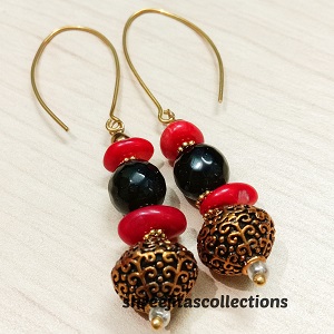 Black Agate Red Coral Antique Golden Ethnic Earrings