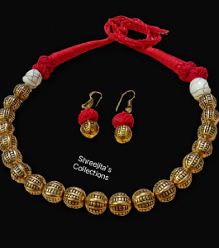 antique gold tone tribal red thread necklace set